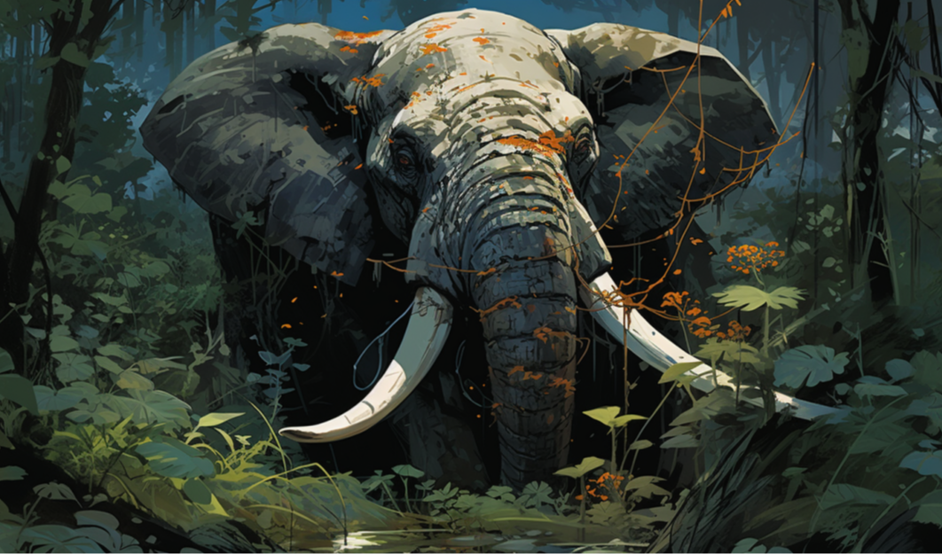 【Midjourney】森林中的奇幻探险：象与放大镜的秘密