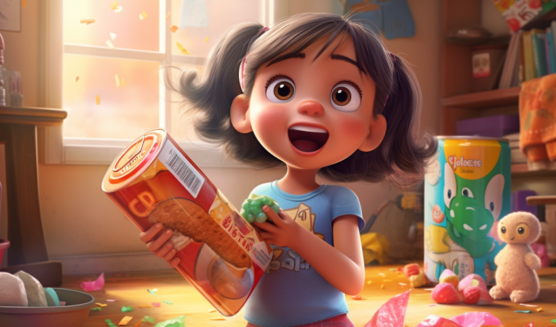 【Midjourney】彩色童趣：零食袋中的小女孩儿的甜蜜时光
