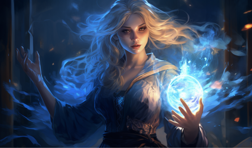 【Midjourney】中世纪幻想：描绘蓝色生命魔法女神