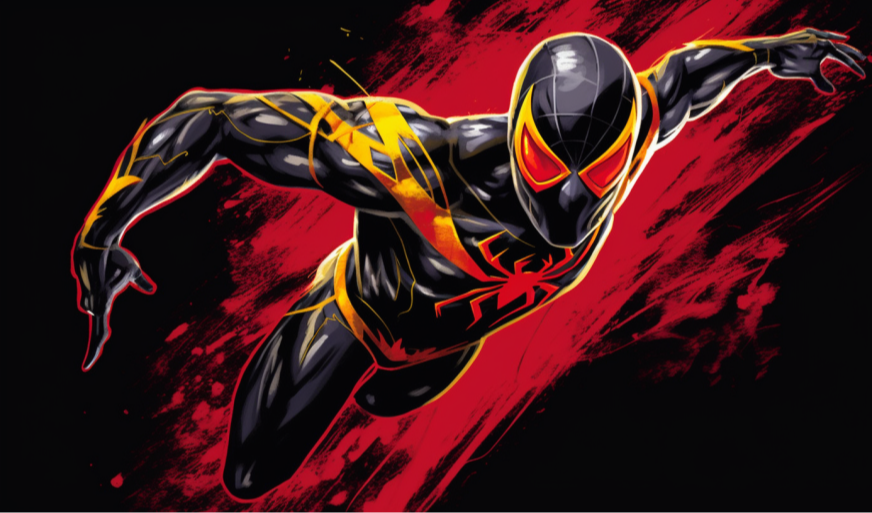 【Midjourney】蜘蛛主题的超级英雄：红黑黄色调下的神秘面具人