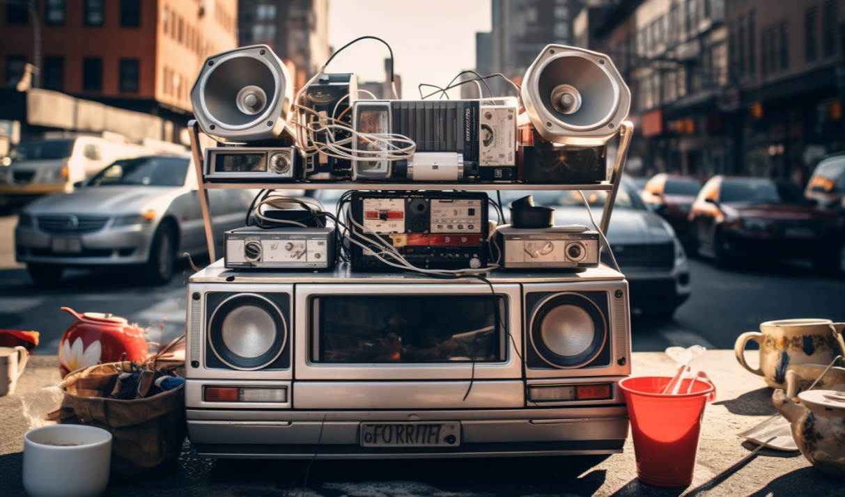 【Midjourney】纽约布朗克斯街头的复古音乐场景：boom box与咖啡杯的邂逅