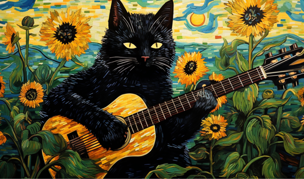 【Midjourney】梵高之夜：吉他手黑猫与向日葵的奇幻舞曲