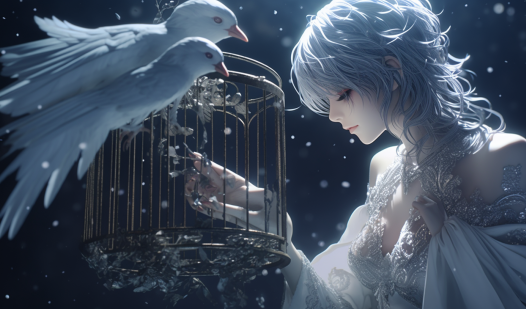【Midjourney】《月光中坠入爱河的鸟笼中的白鸟》：翱翔至最后一刻的羽翼之歌