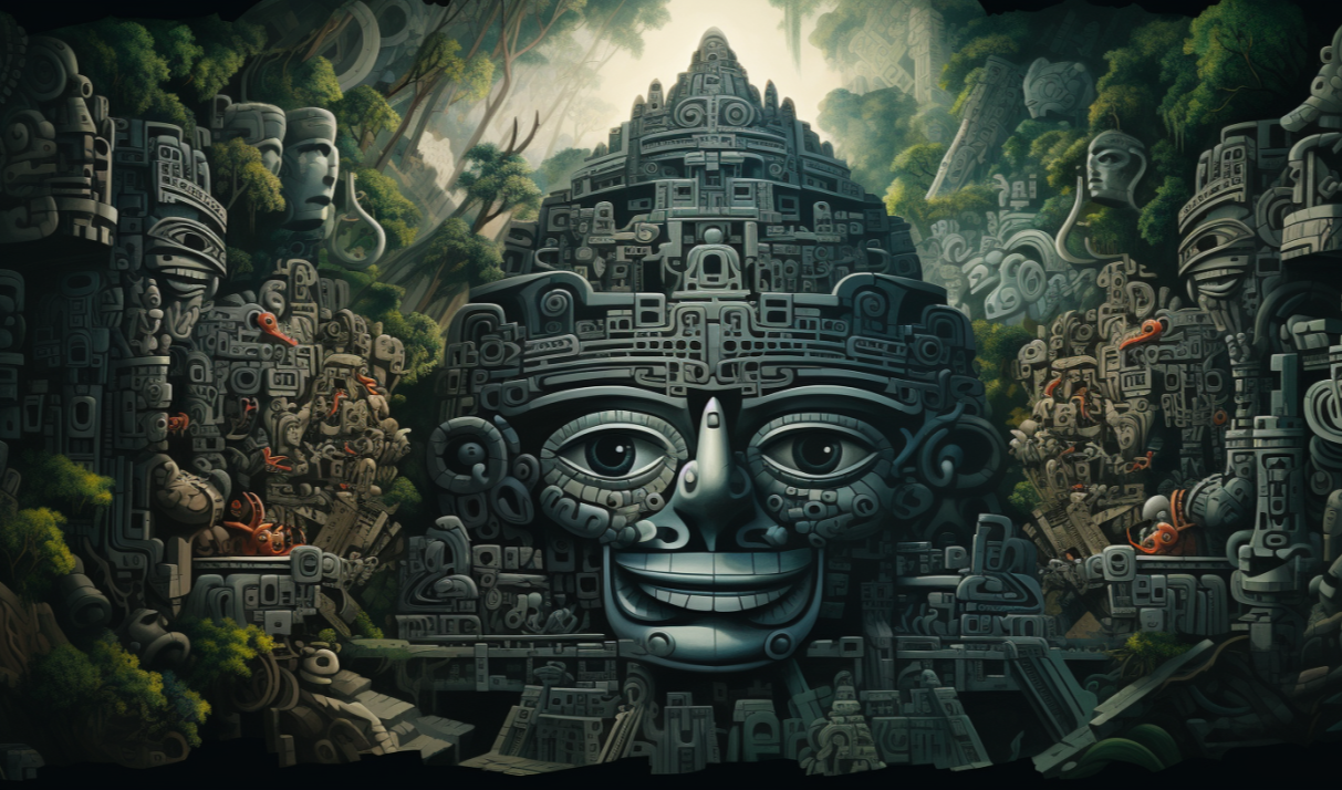 【Midjourney】玛雅巨石艺术之谜：多面黑曜石雕像的魅力