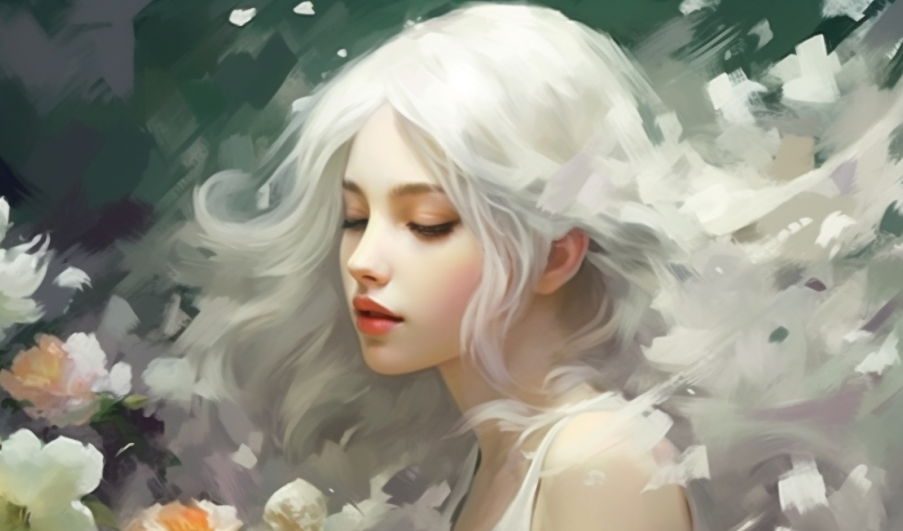 【Midjourney】白发女孩与她的魔法花园