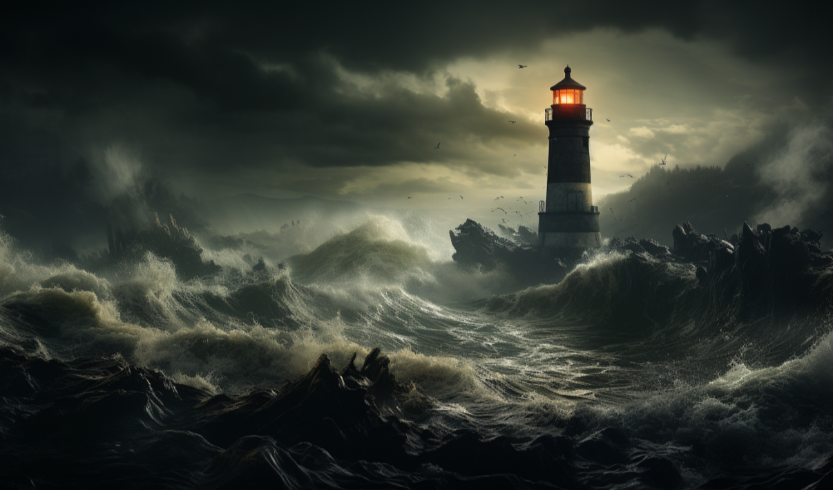 【Midjourney】被遗忘的灯塔：守望在风暴之海的边缘