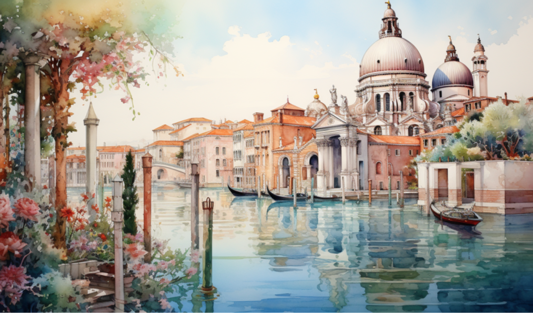 【Midjourney】威尼斯运河：水彩的精致之美与热带朋克风情