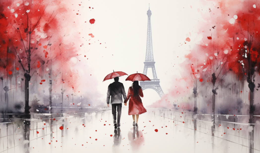 【Midjourney】雨中恋曲：艾菲尔铁塔下的红伞之恋