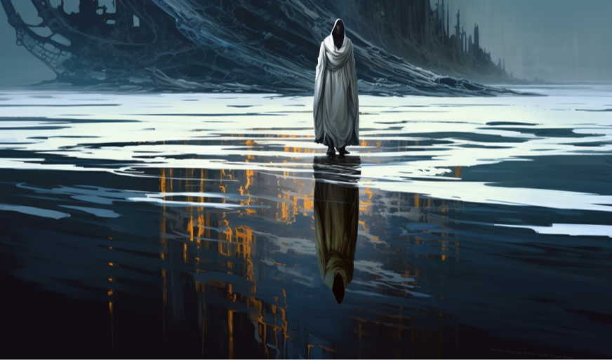 【Midjourney】时光黑水上的白袍身影：深邃的恐怖与壮美