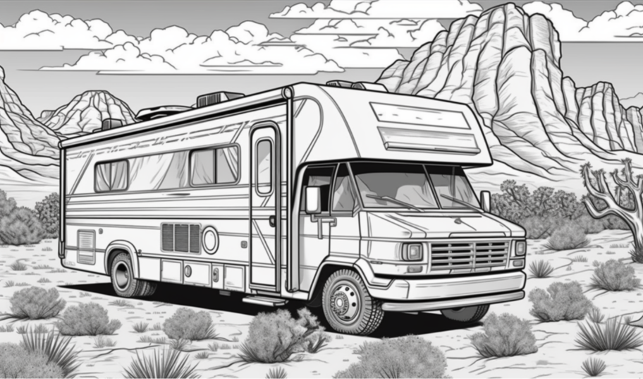 【midjourney】蜿蜒旅程：一个露营车之旅的黑白线描彩色书