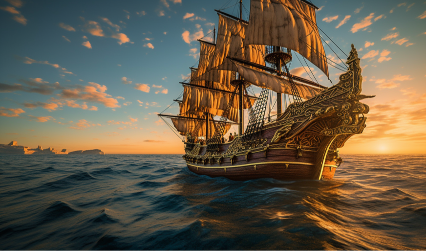 【Midjourney】阿尔戈的威严：一艘自豪、雕琢精美的船只翻越碧蓝海浪，折射金色夕阳的光辉，风帆飘扬，展现无坚不摧的韧性