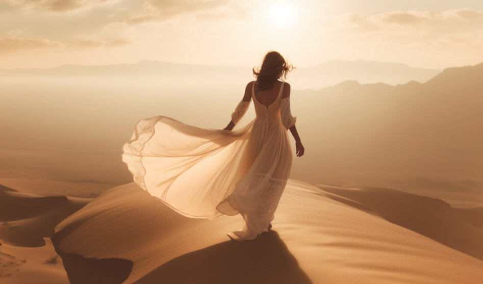 【Midjourney】沙漠中的优雅旅行：飘逸长裙的女子在风中行走