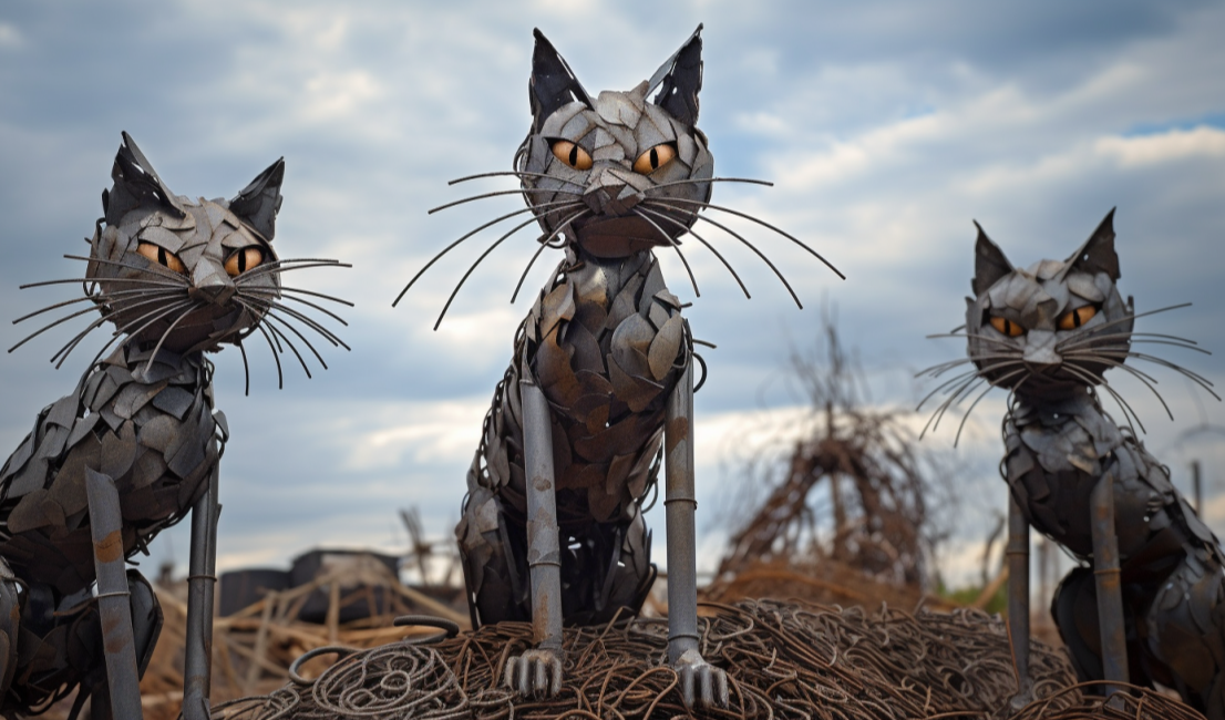 【Midjourney】异世界峰巅上的纸夹猫：废金属艺术的力量